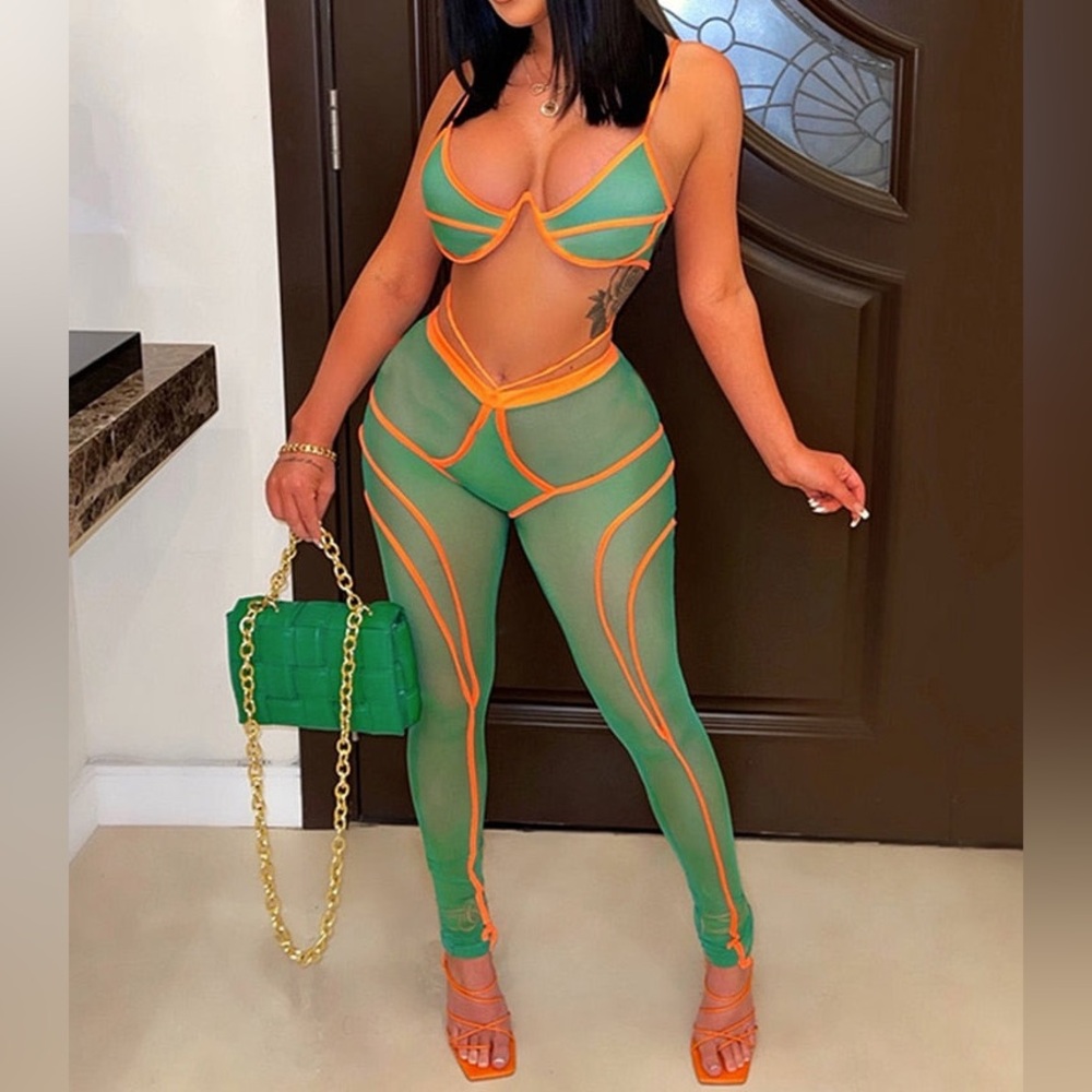 Green & Orange 2 Piece Women Mesh Cut Out Set Size L